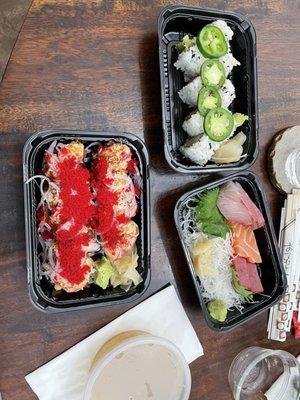 Firefighter Special Roll (left) Jalapeno Hamachi Roll (top) Sashimi Sampler (bottom right)