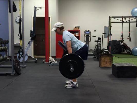 Katy working on her deadlifts, she has lost 25 pounds in 6 months and is 8 away from her goal