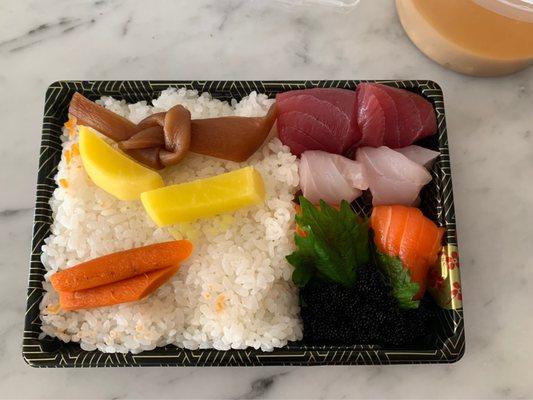 $16 lunch chirashi comes w whopping SIX tiny pieces of fish rolled to appear bigger??  What a scam.