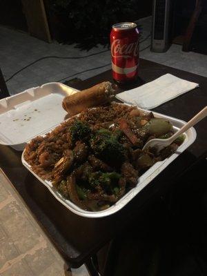 Delicious beef an broccoli,  with shrimp  fried rice