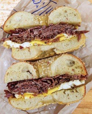 Pastrami egg chessee on sesame seed bagel for $3.49 and free coffee