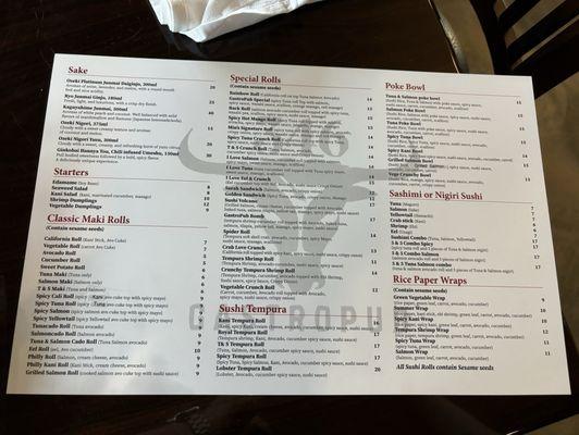 Sushi menu