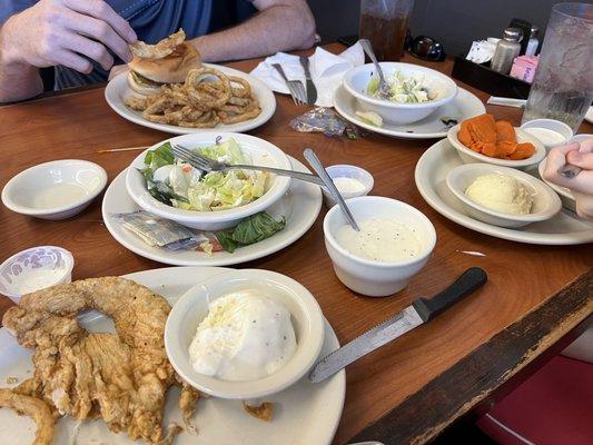 Chicken fried chicken, veggie plate, and burger... classic lunch at this fav. lunch spot.