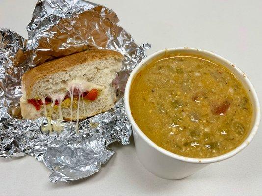 1/2 Sandwich & Large Soup 'Ham & Swiss Panini and cheesy pork green chili soup'