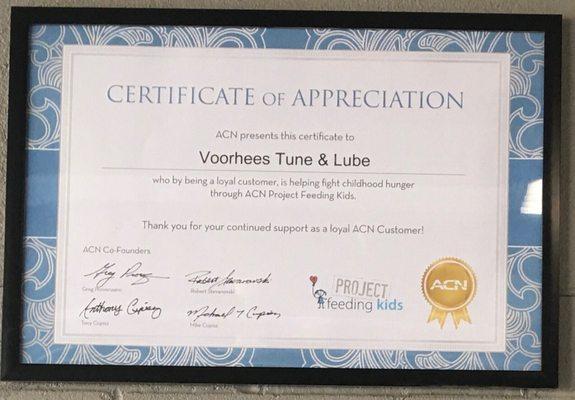 Voorhees Tune & Lube...  Thank you for you continued & additional support for Feeding Hungry Children in America...  Best, honest, & most re