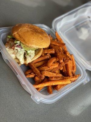 California Chicken Burger with Sweet Potato Fries