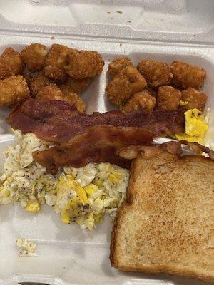 B- Fast Plate (Scrambled Eggs, Bacon, Tots, and Toast)