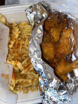 8pc wing tossed in your choice of our variety of flavors and fries.