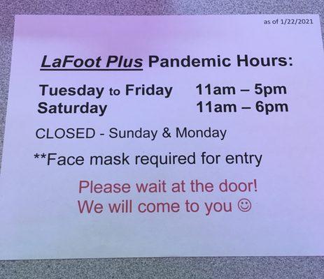 New hours beginning 1/22/21