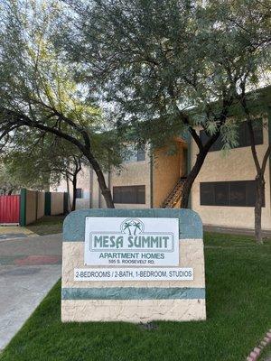 The signage of the apartment building.