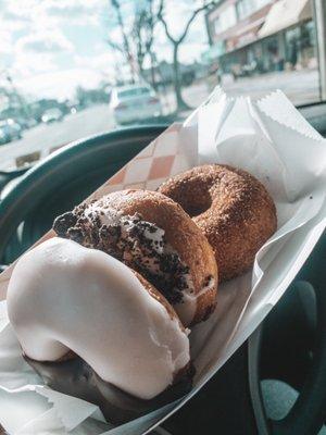 Black and white donut, cookies and cream donut, churro donut