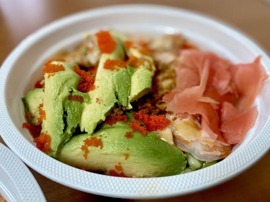 Moi soba & Shrimp bowl w/Masago, avocado,, cucumber, edamame, green onions, pickled ginger, jalapeño spicy mayo spicy ponzu