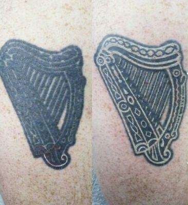 Before and after Celtic harp coverup redo by artist Thomas Jacobson.