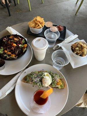 Avocado toast, sweet potato salad, Home Fries, and waffle fries. And a honey lavender latte :) so good!