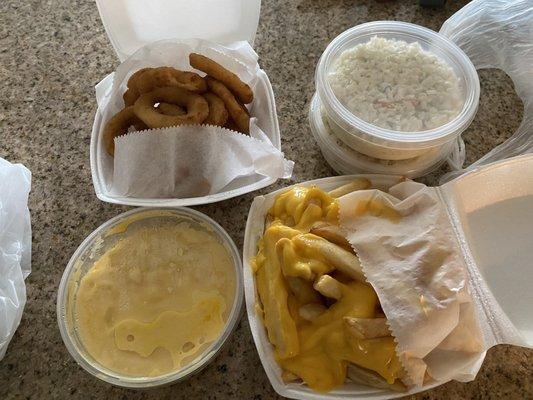 Sides: onion rings, mac and cheese, cheese fries, cole slaw