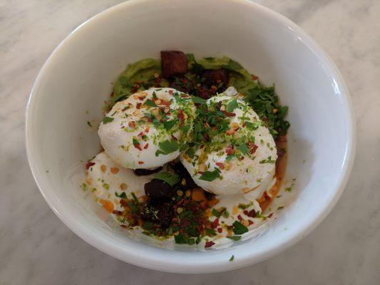 poached eggs, avocado, and yogurt