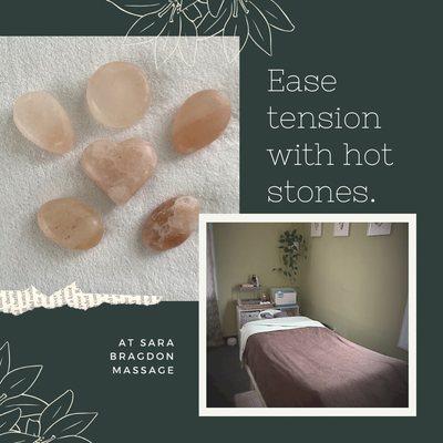 Melt away muscle tension with smooth Himalayan Salt Stones, or polished River Stones. Enjoy a heated table, and hot towels for the feet.