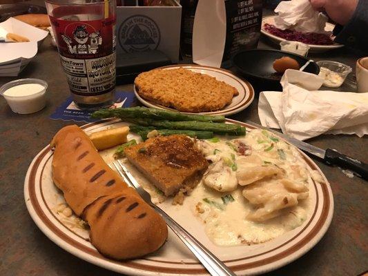 Wiener schnitzel German potatoes and asparagus.