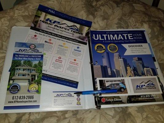 The awesome binder of information, warranties, coupons and a pen that one receives as part of the KP Home Inspection package!