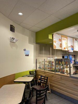 Indoor seating. Shares space with a jamba juice