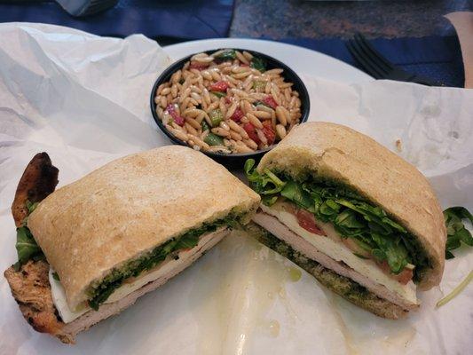 Chicken pesto sandwich, side of orzo & spinach