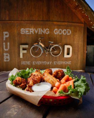 The Pedal Pub offers food options from the St. Nick's Patio & Grille menu!