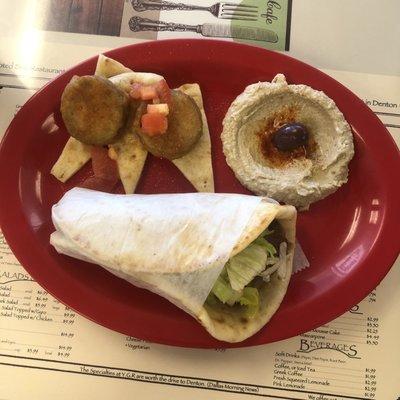 Special #7: Gyro Sandwich, Baba Ghanouj, Pita Bread, and Fried Zucchini