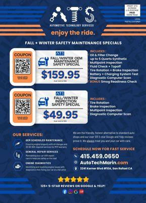 Get your car road-ready for the weather  : Fall + Winter Safety Maintenance Specials only at ATS