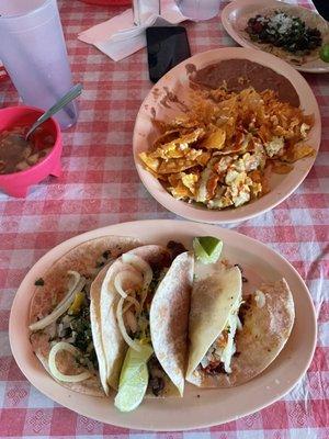 3 Campechanos tacos and a migas plate