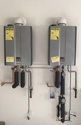 Dual tankless for large home, 6 baths dual washers and dishwashers with recirculation. Irvine, CA installation.