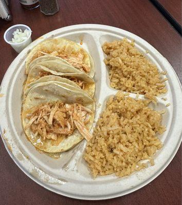 3 chicken tacos with rice