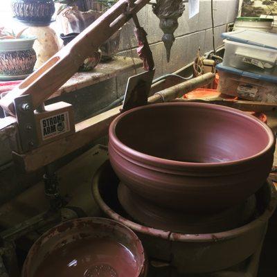 Big pot thrown on potters wheel using the Strong Arm Centering Tool!