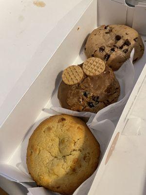 Top: Chocolate Chip, blueberry maple waffle, Hot Honey Cornbread Cookie