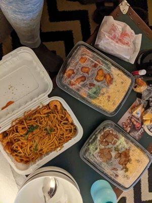 $30: large shrimp lo mein, General Tso's chicken combo (with pork egg roll and pork fried rice), and beef and broccoli combo (same sides).