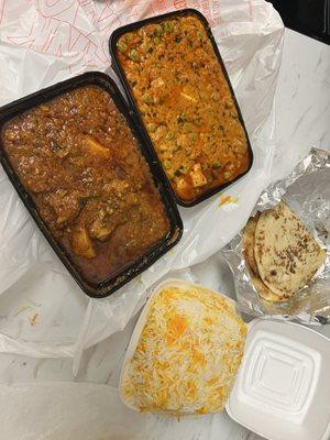 Mattar Paneer (top right), Lamb Vindaloo (middle left), naan, rice.