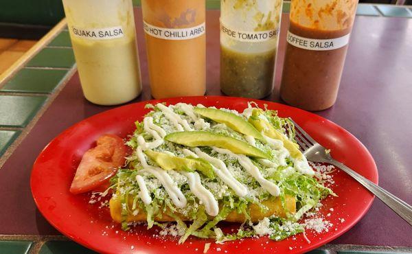 Shredded beef takos. Rolled takos. I'll describe as beef flautas.  I liked the two salsas on the left.