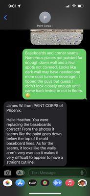 Text convo with owner after phone call expressing disappointment in quality of work