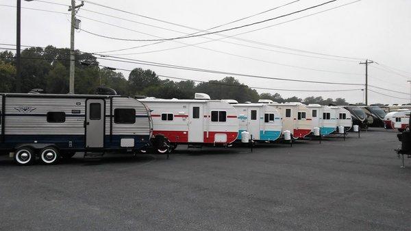 Our Retro line is the cream of the crop in lightweight travel trailers, we stock 15-20 all the time.