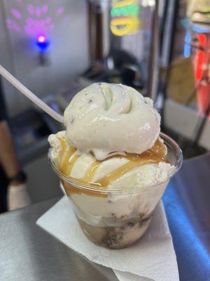 My birthday ice cream treat; Butter Pecan and Espresso Fudge ice cream with chocolate and caramel syrups and whipped cream