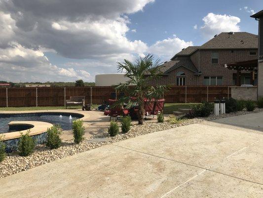 New Landscaping and palms trees/ rock for flower bed instead of mulch