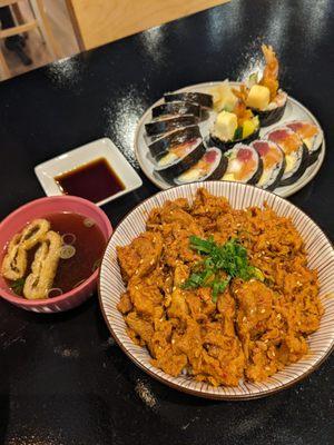 KAS omakase (raw) kimbap & spicy pork rice bowl (comes with a veggie soup)