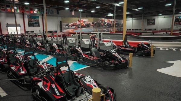 Our go karts are all-electric and capable of reaching speeds of up to 45 mph