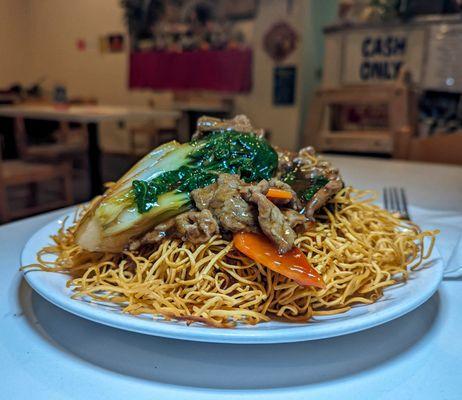 crispy beef pan fried Hong Kong style noodles $11