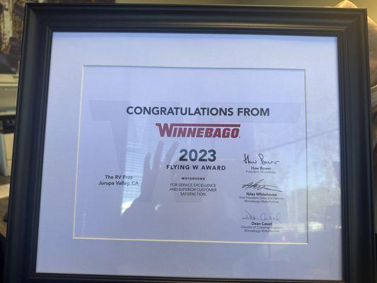 Flying J award Winnebago for exceptional workmanship and customer sevrice