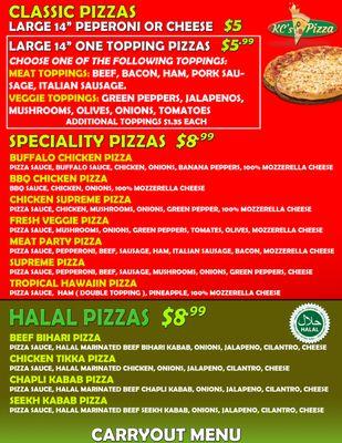 Carryout Only Menu