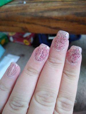 Gel and acrylic coating my nails around as well as different lengths and not shaped correctly