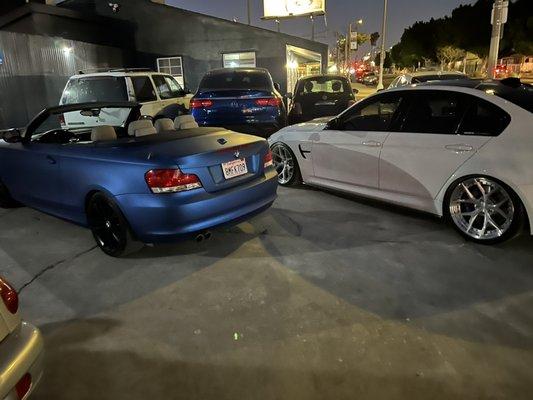 The M3 with custom 3 piece wheels / suspension and BMW 1 series after the wrap and custom wheels with interior trim and blacked out