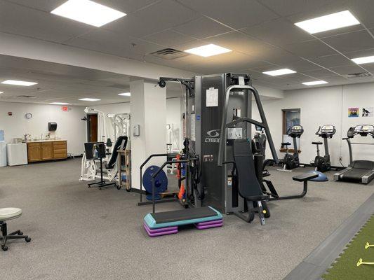 Clean, open clinical space  and exercise equipment.