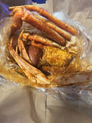 Crab legs corn and potatoes