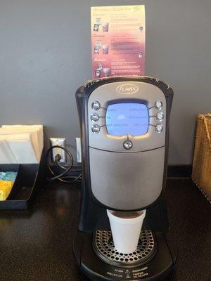 Flavia machine for coffees, teas, hot chocolate in Passport Lounge Savannah GA sat dec 12 2020